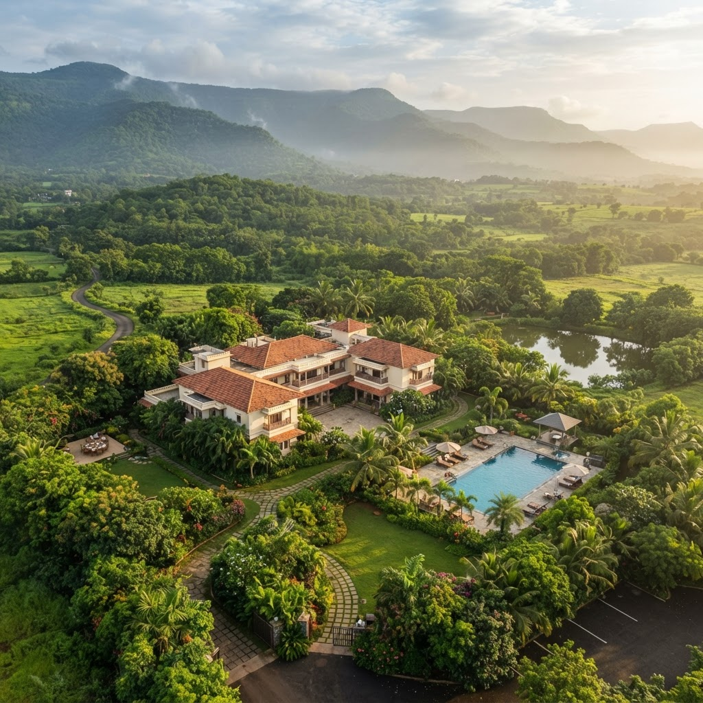 Aerial view of King DK Farmhouse surrounded by lush greenery and a swimming pool