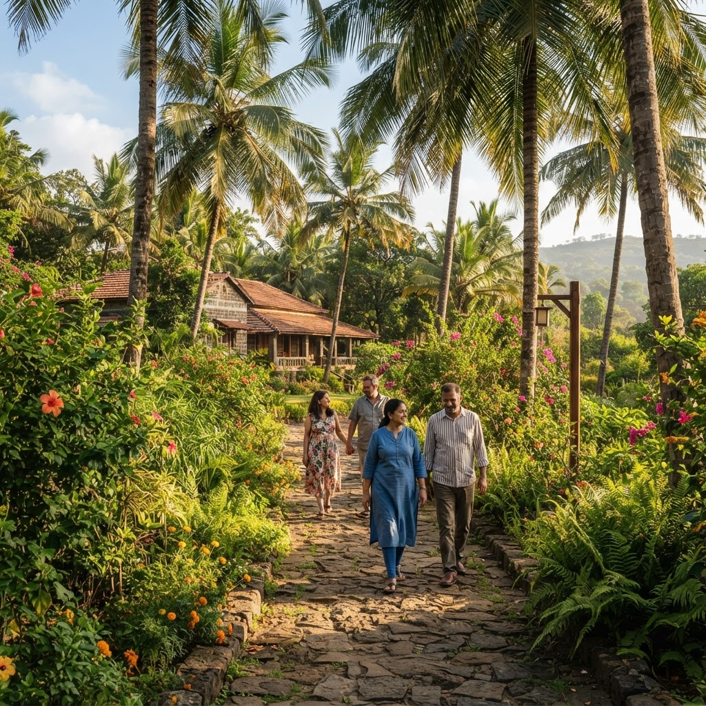 Guests walking along a garden pathway shaded by tall trees