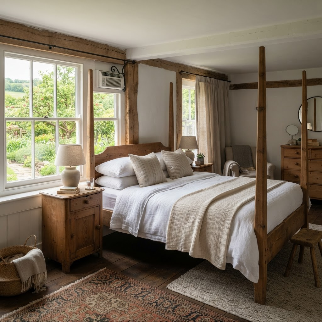 Cozy bedroom with wooden furniture and garden view